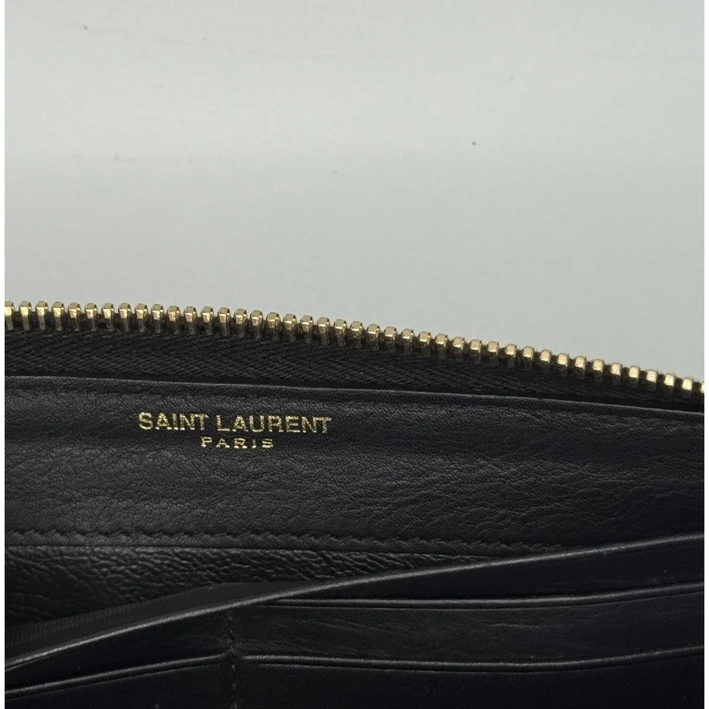Saint Laurent‎ Paris Black Leather YSL Gold Hardware Zip Around Wallet